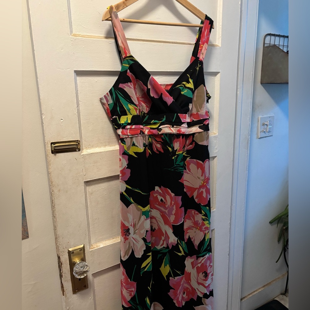 Ann Taylor Black Maxi Dress with Pink and Green Floral Pattern